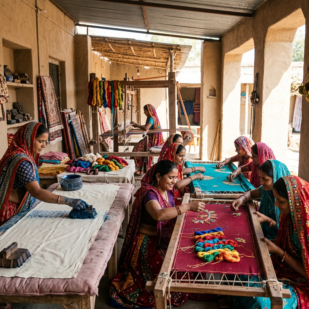 Women artisans working at the UJAS Crafts Center in Jodhpur, Rajasthan