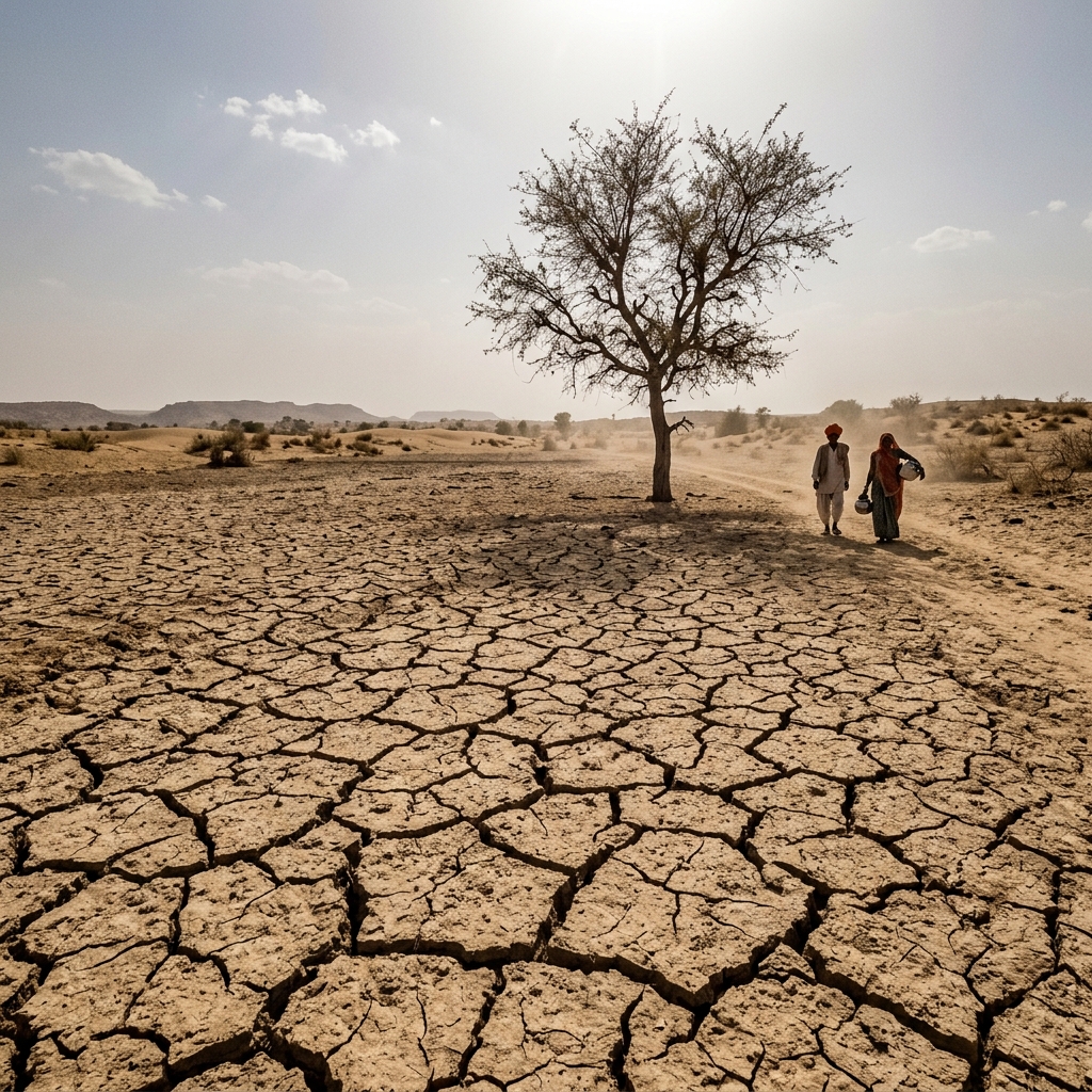 Severe drought conditions and cracked, dry earth in the rural western desert of Rajasthan