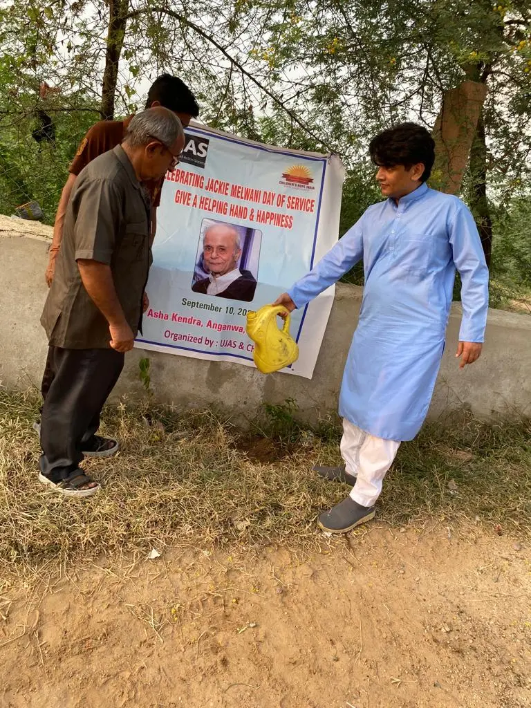 A tree planted at Asha Kendra, Anganwa, as part of the Jackie Melwani Day of Service, organised by UJAS and Children's Hope India.